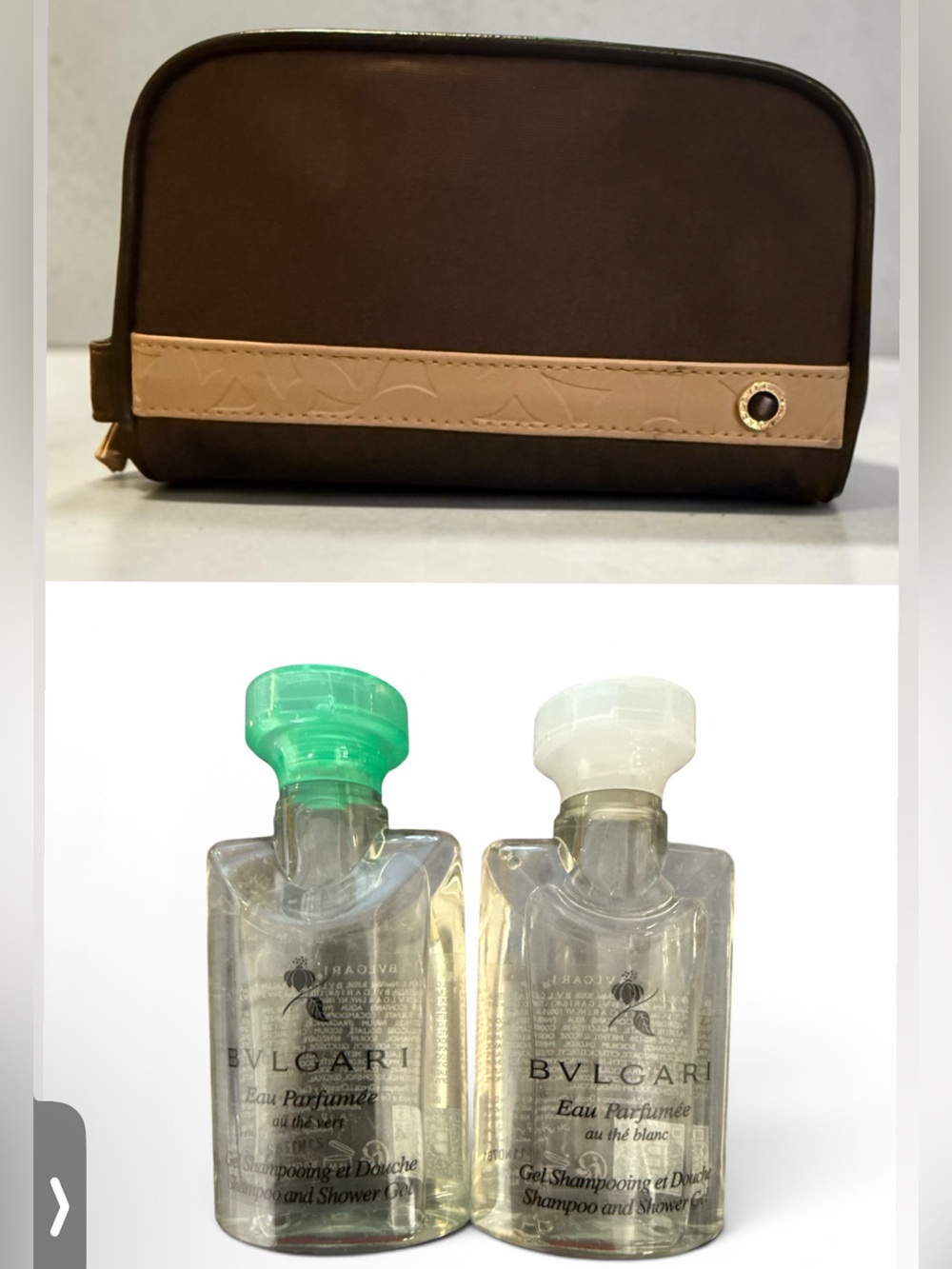 BVLGARI Men's Brown and Tan Travel Toiletry Bag with 2 Travel Shampoo/Gel